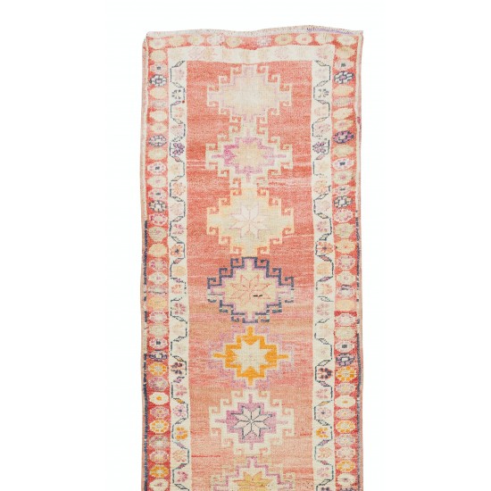 Traditional Hand Knotted Turkish Hallway Runner Rug, Mid-Century Geometric Pattern Corridor Carpet