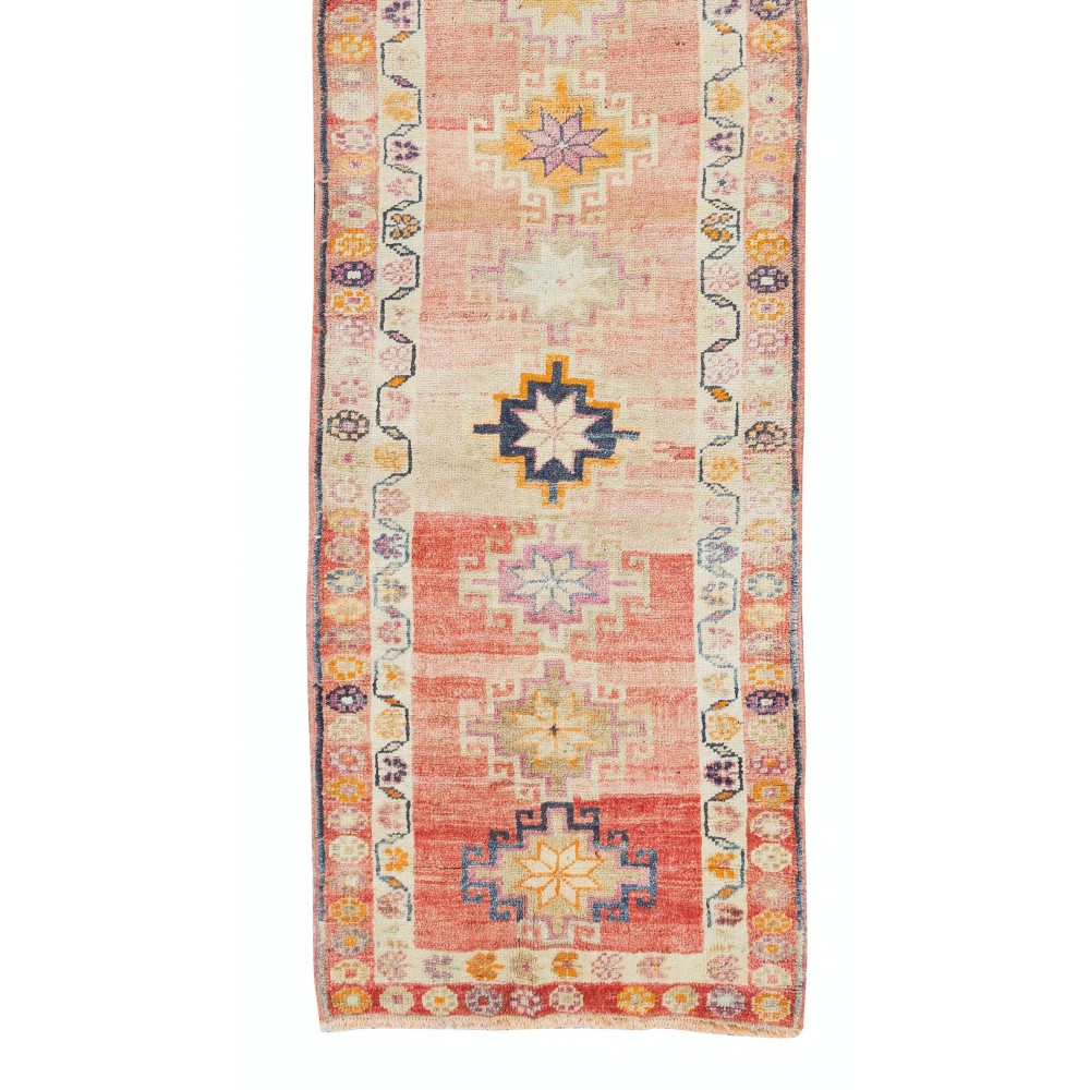 Traditional Hand Knotted Turkish Hallway Runner Rug, Mid-Century Geometric Pattern Corridor Carpet