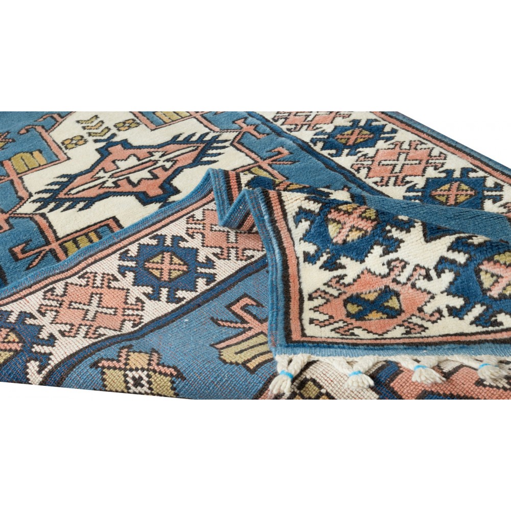 Vintage Handmade Turkish Hallway Runner Rug in Blue. 100% Wool