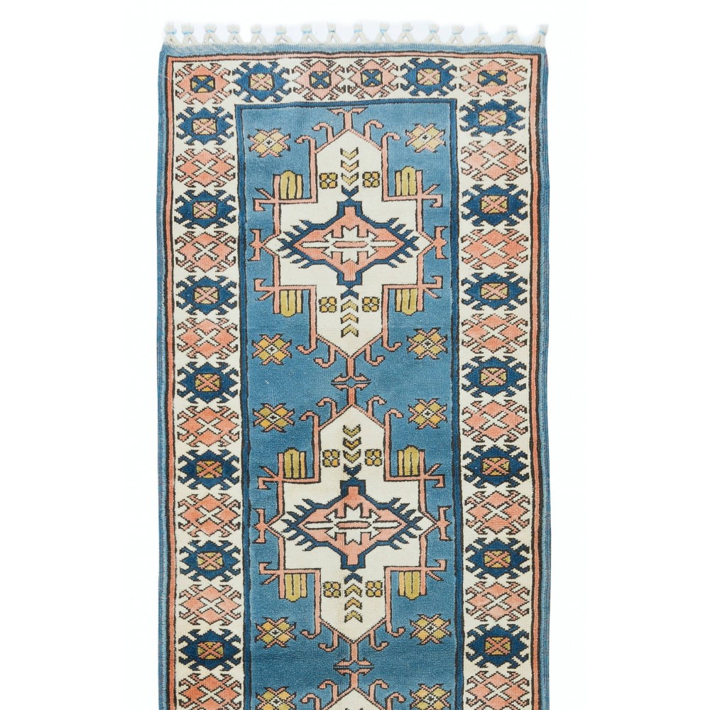 Vintage Handmade Turkish Hallway Runner Rug in Blue. 100% Wool