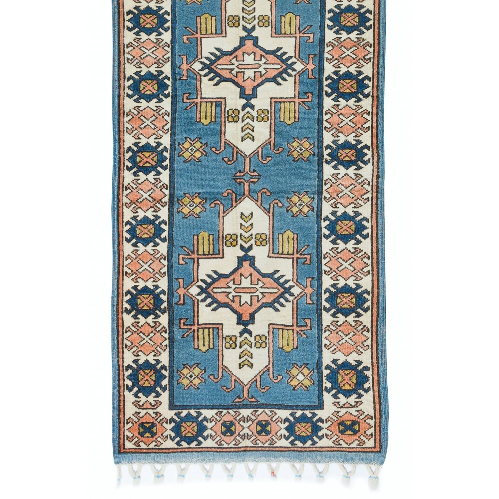 Vintage Handmade Turkish Hallway Runner Rug in Blue. 100% Wool