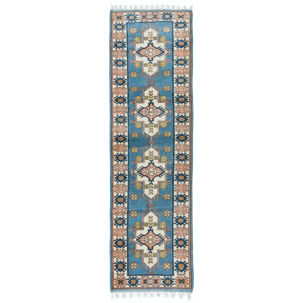 Vintage Handmade Turkish Hallway Runner Rug in Blue. 100% Wool