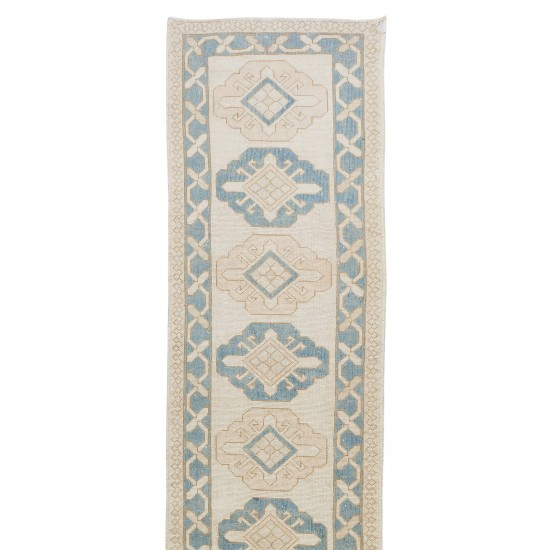 Vintage Hand-Knotted Anatolian Oushak Runner Rug for Hallway Decor