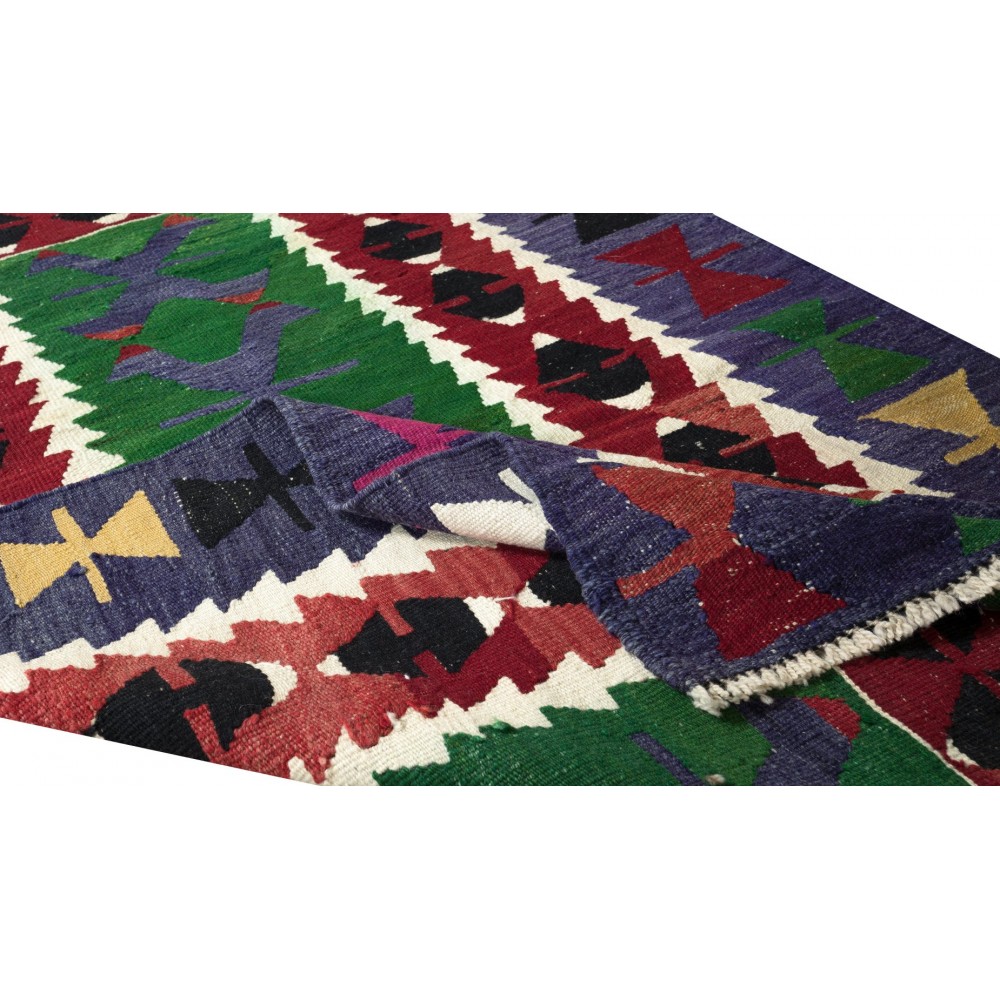 Colorful Vintage Hand-Woven Geometric Pattern Central Anatolian Kilim 'Flat-Weave', 100% Wool