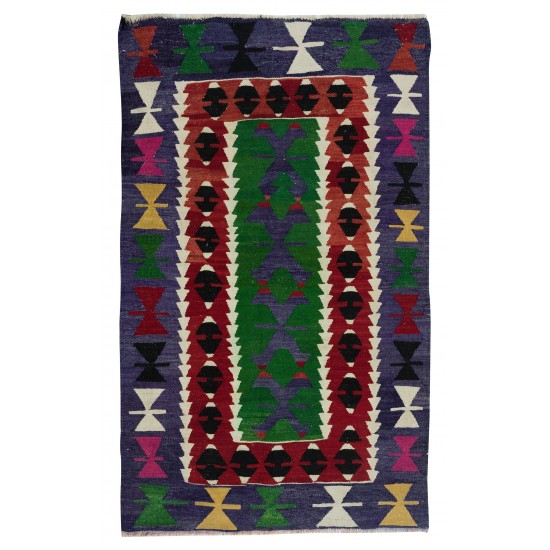 Colorful Vintage Hand-Woven Geometric Pattern Central Anatolian Kilim 'Flat-Weave', 100% Wool Colorful Vintage Hand-Woven Geometric Pattern Central Anatolian Kilim 'Flat-Weave', 100% Wool