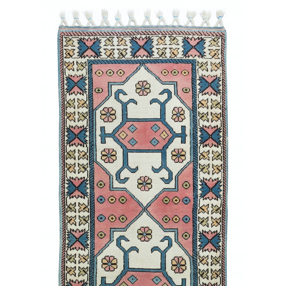Traditional Hand Knotted Turkish Hallway Runner Rug, Mid-Century Geometric Pattern Corridor Carpet