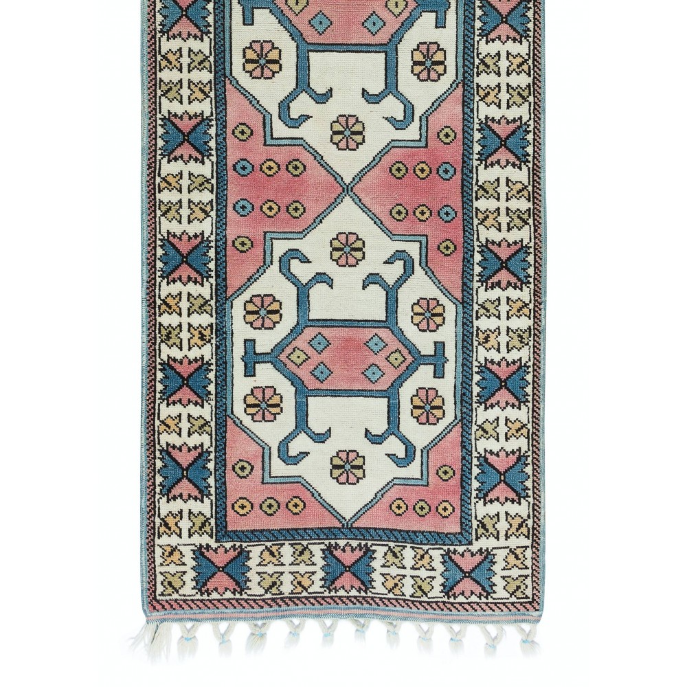 Traditional Hand Knotted Turkish Hallway Runner Rug, Mid-Century Geometric Pattern Corridor Carpet