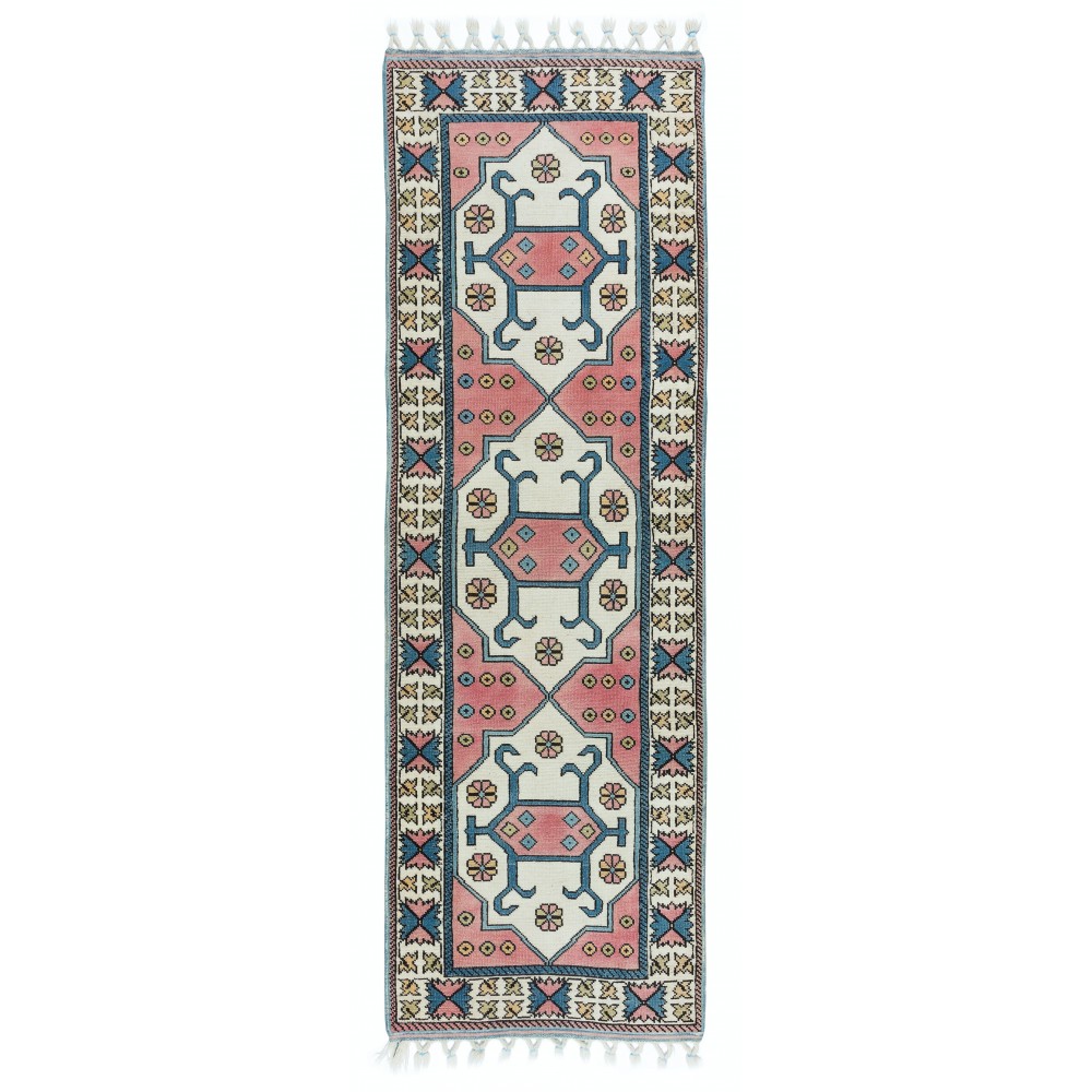 Traditional Hand Knotted Turkish Hallway Runner Rug, Mid-Century Geometric Pattern Corridor Carpet