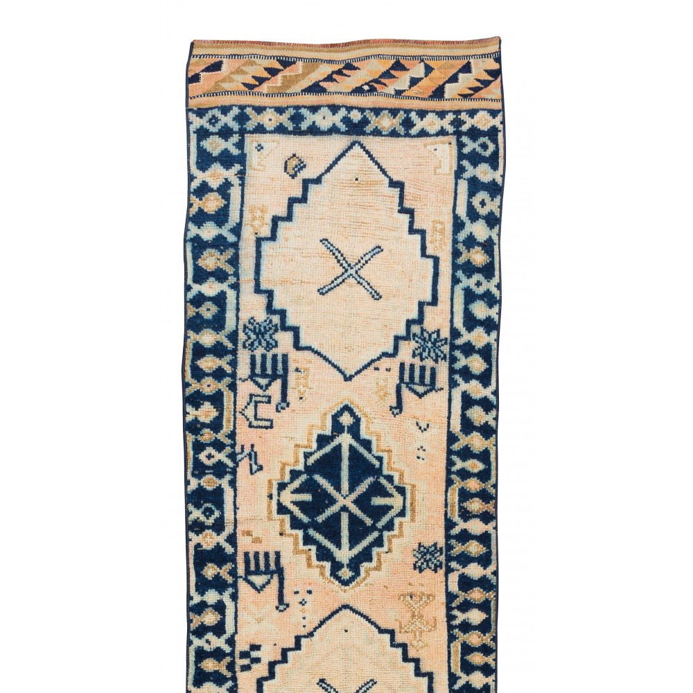 One of a Kind Vintage Hand-Knotted Anatolian Oushak Runner Rug for Hallway Decor