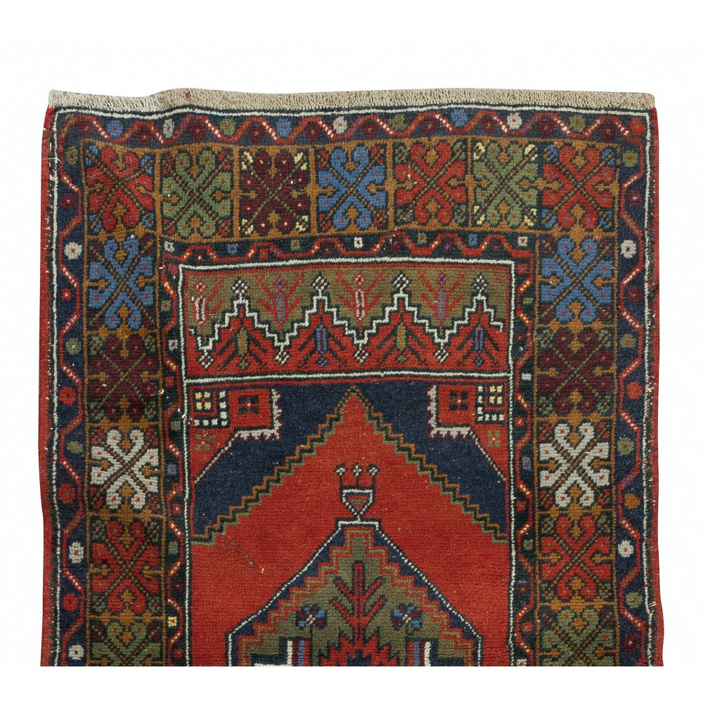 Vintage Oriental Accent Rug, Handmade Wool Carpet with Tribal Style