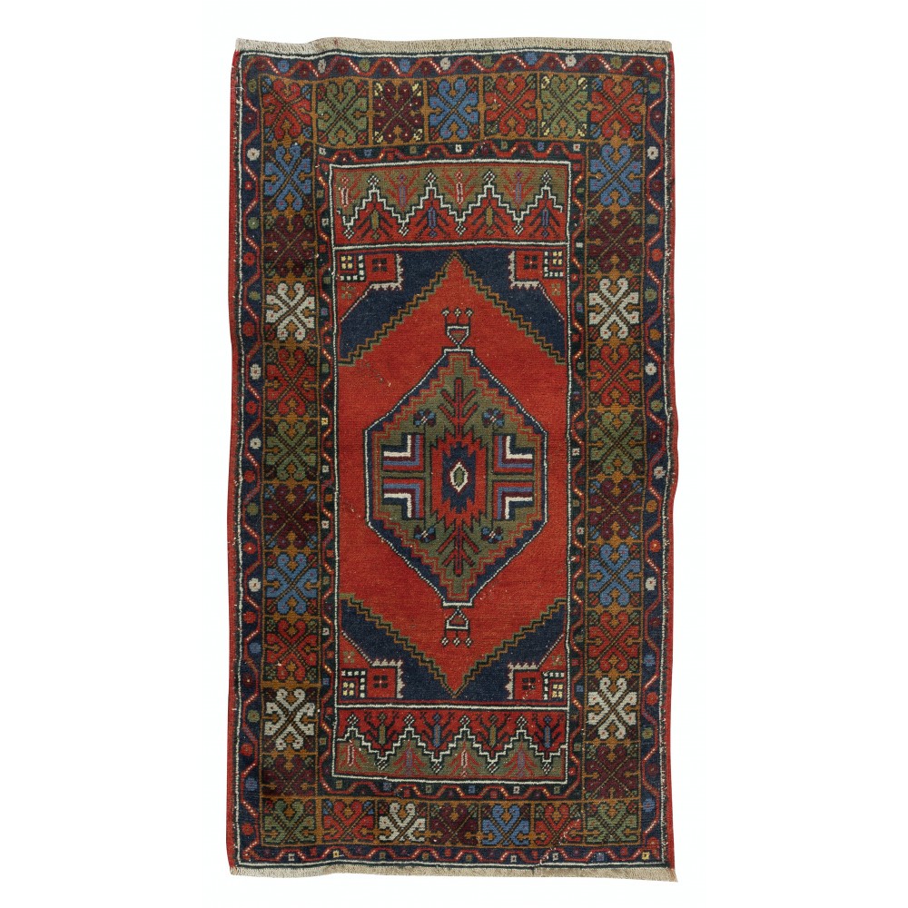 Vintage Oriental Accent Rug, Handmade Wool Carpet with Tribal Style