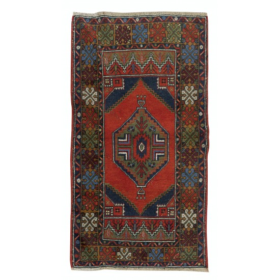 Vintage Oriental Accent Rug, Handmade Wool Carpet with Tribal Style