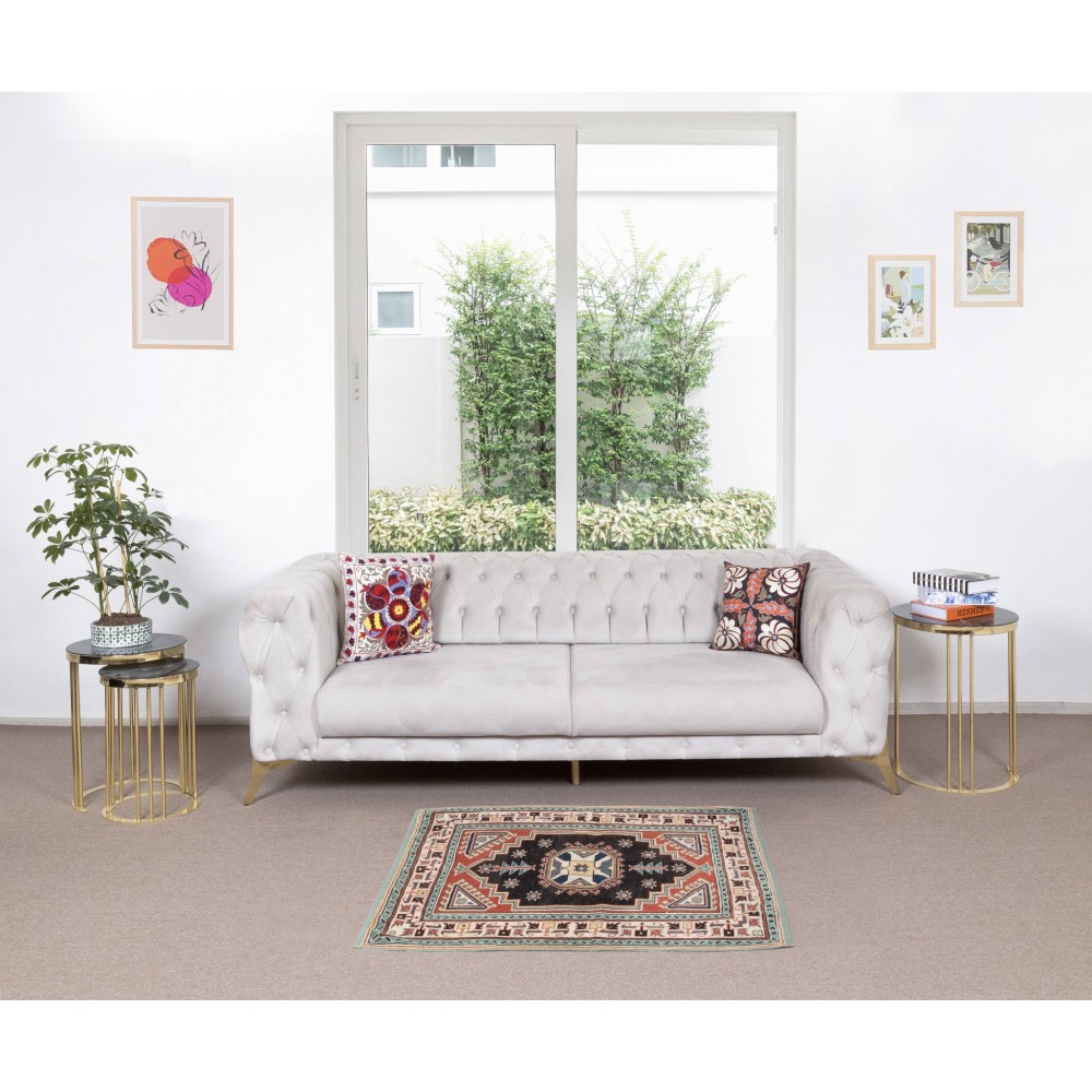Vintage Handmade Geometric Pattern Accent Rug from Turkey, 100% Wool