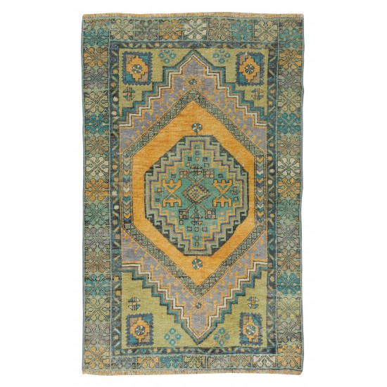 Unique Vintage Handmade Turkish Oriental Accent Rug with Tribal Style, 100% Wool
