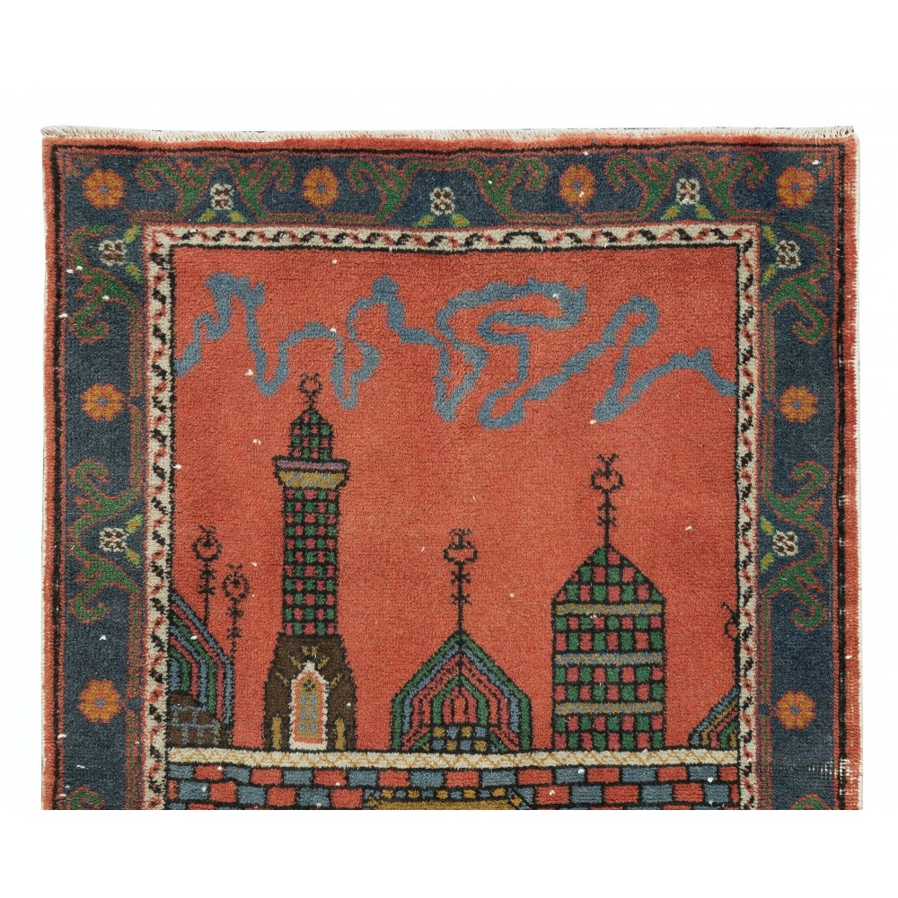 Handmade 1960s Prayer Rug with Mosque Motif, Central Anatolian Wool Accent Rug