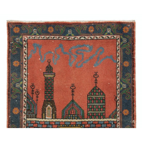 Handmade 1960s Prayer Rug with Mosque Motif, Central Anatolian Wool Accent Rug Handmade 1960s Prayer Rug with Mosque Motif, Central Anatolian Wool Accent Rug