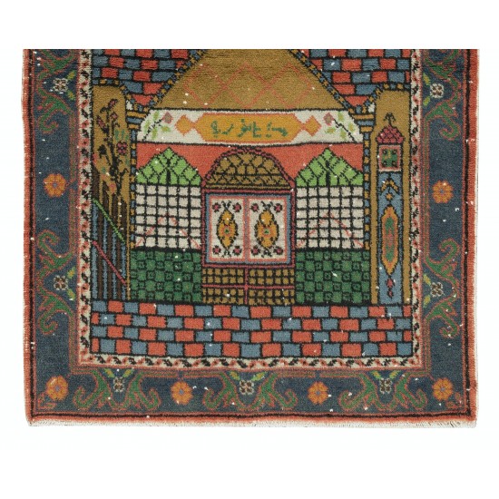 Handmade 1960s Prayer Rug with Mosque Motif, Central Anatolian Wool Accent Rug Handmade 1960s Prayer Rug with Mosque Motif, Central Anatolian Wool Accent Rug