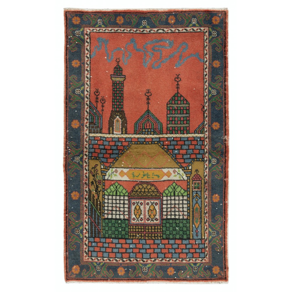 Handmade 1960s Prayer Rug with Mosque Motif, Central Anatolian Wool Accent Rug