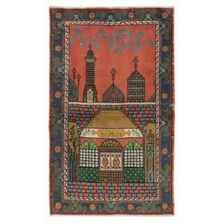 Handmade 1960s Prayer Rug with Mosque Motif, Central Anatolian Wool Accent Rug