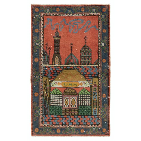 Handmade 1960s Prayer Rug with Mosque Motif, Central Anatolian Wool Accent Rug Handmade 1960s Prayer Rug with Mosque Motif, Central Anatolian Wool Accent Rug
