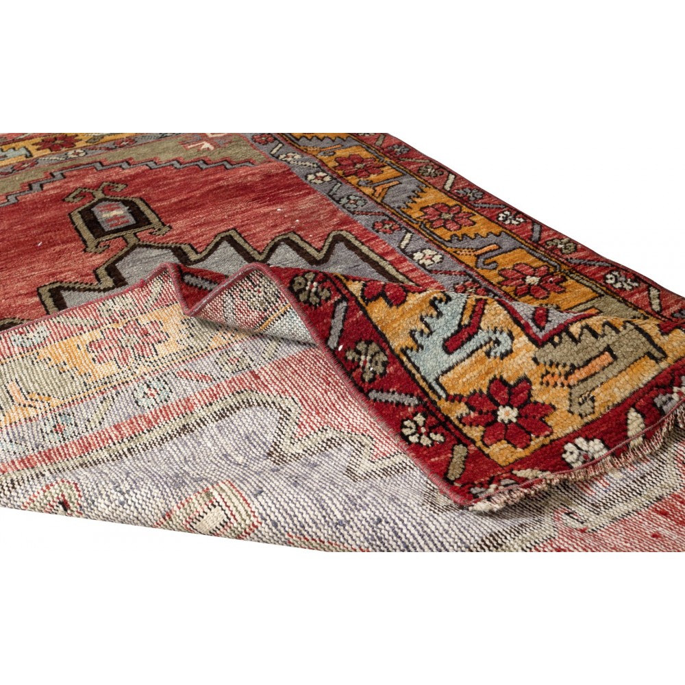 Vintage Hand Knotted Turkish Accent Rug with Geometric Medallion Design