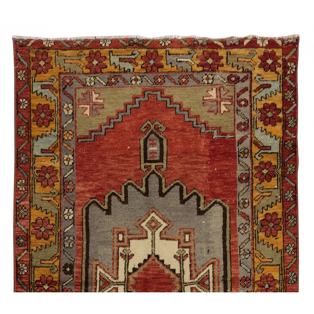 Vintage Hand Knotted Turkish Accent Rug with Geometric Medallion Design