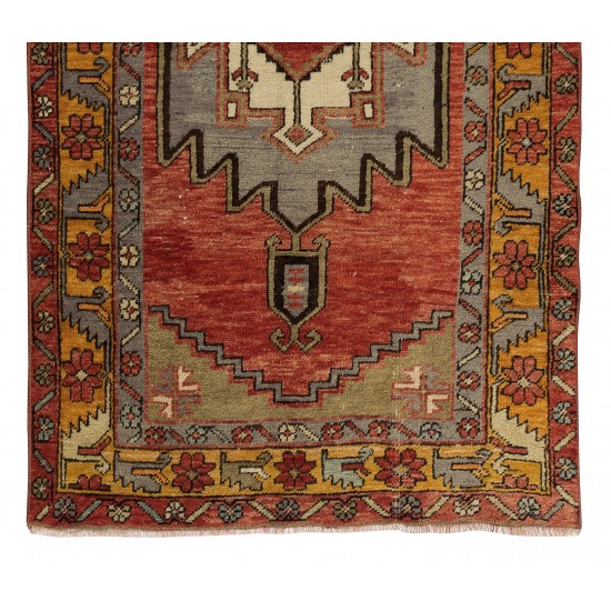 Vintage Hand Knotted Turkish Accent Rug with Geometric Medallion Design