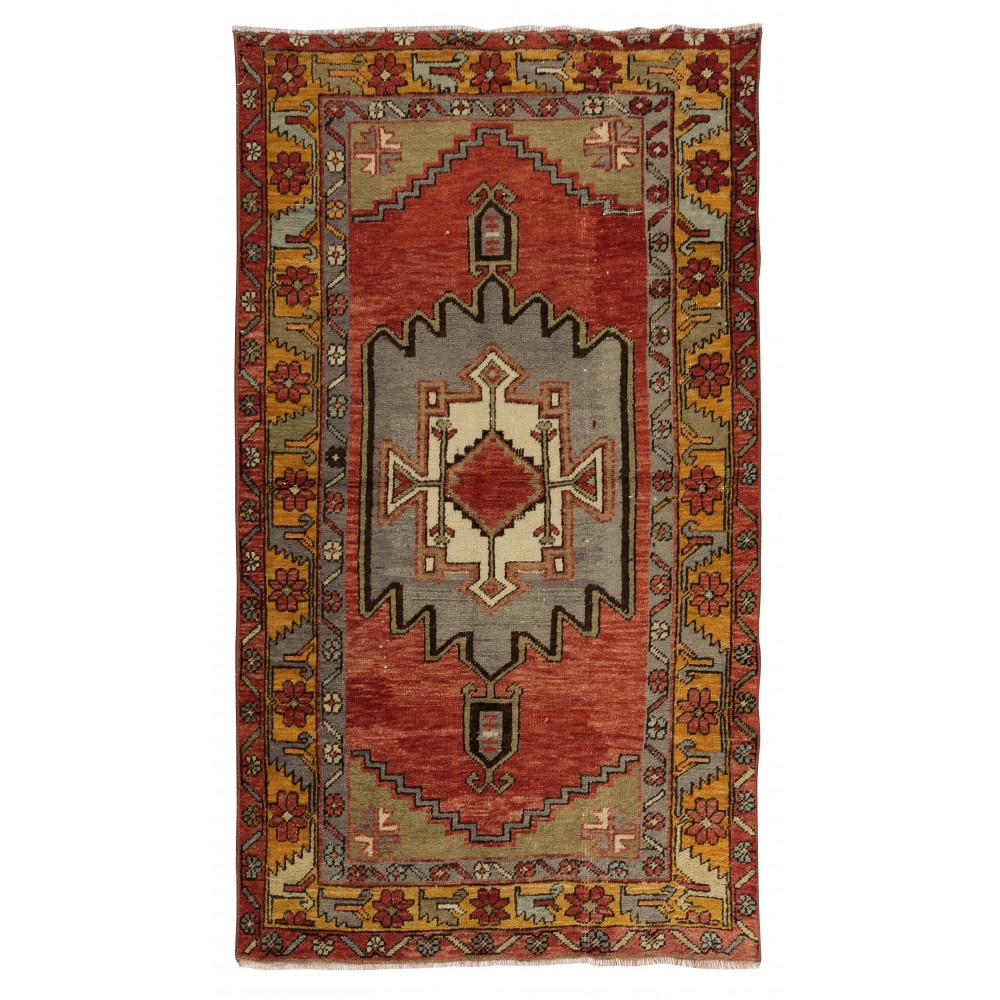 Vintage Hand Knotted Turkish Accent Rug with Geometric Medallion Design
