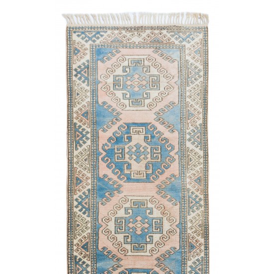 Hand Knotted Vintage Wool Runner Rug for Hallway Decor, Geometric Authentic Corridor Carpet