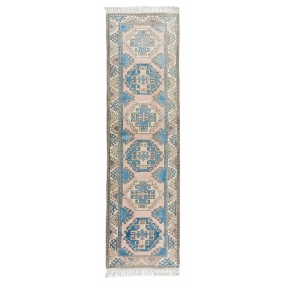 Hand Knotted Vintage Wool Runner Rug for Hallway Decor, Geometric Authentic Corridor Carpet