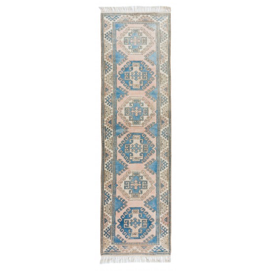 Hand Knotted Vintage Wool Runner Rug for Hallway Decor, Geometric Authentic Corridor Carpet