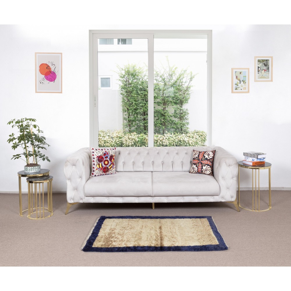 Minimalist Handmade Bordered "Tulu" Rug in Navy Blue & Camel. 100% Wool