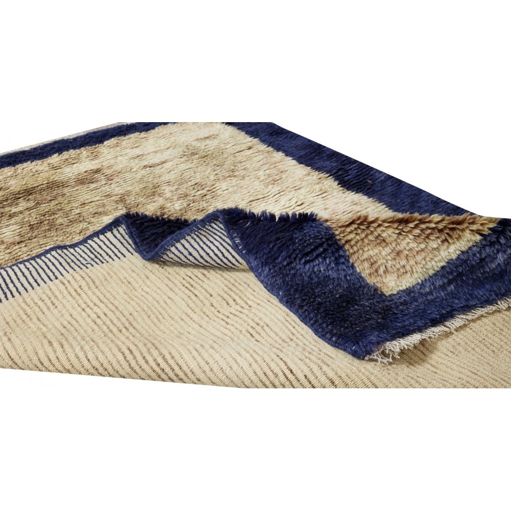 Minimalist Handmade Bordered "Tulu" Rug in Navy Blue & Camel. 100% Wool