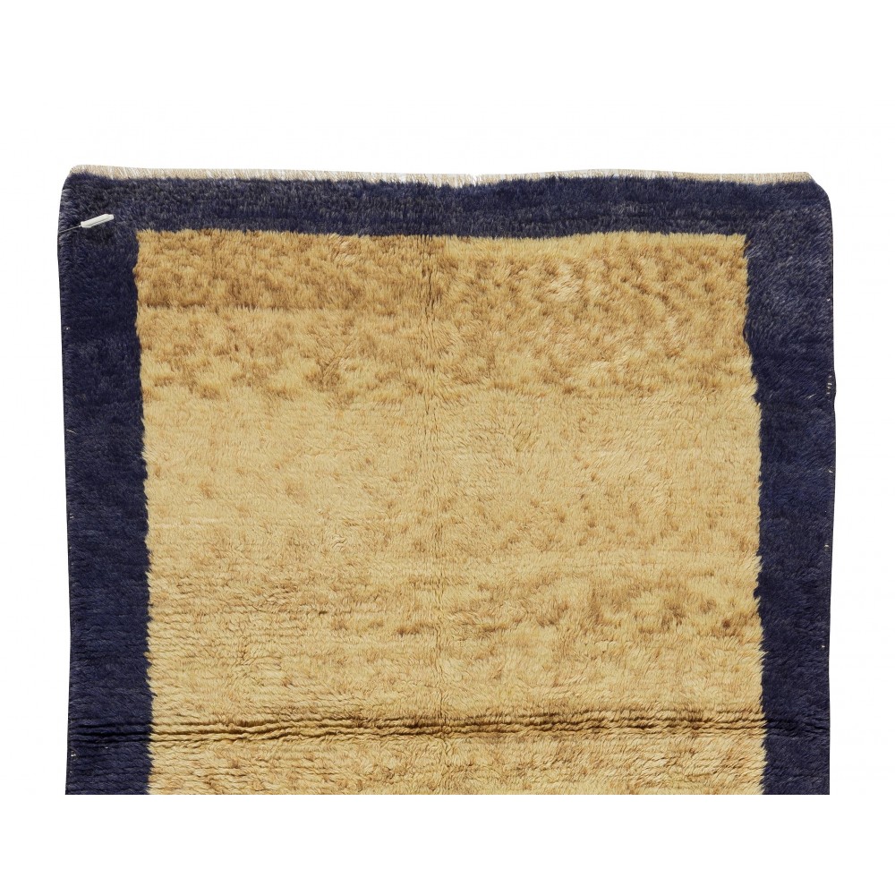 Minimalist Handmade Bordered "Tulu" Rug in Navy Blue & Camel. 100% Wool