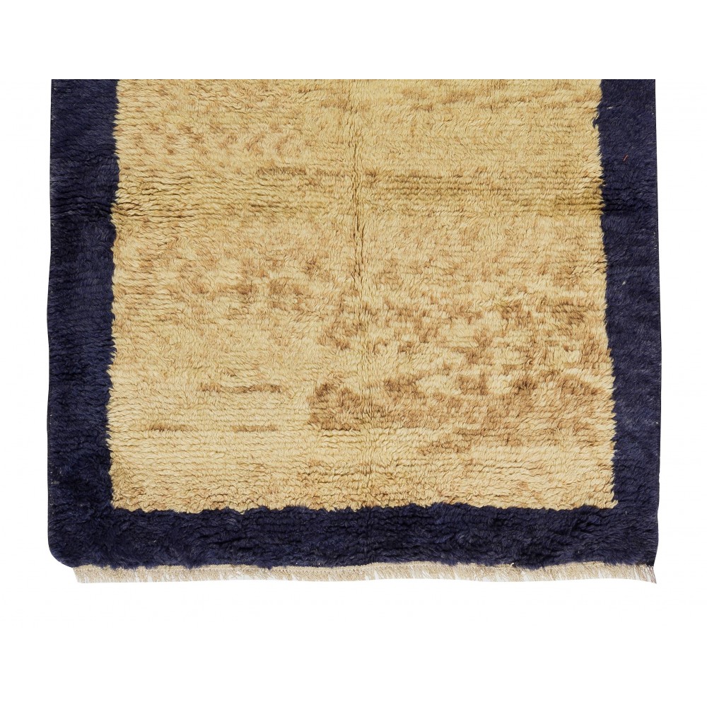 Minimalist Handmade Bordered "Tulu" Rug in Navy Blue & Camel. 100% Wool