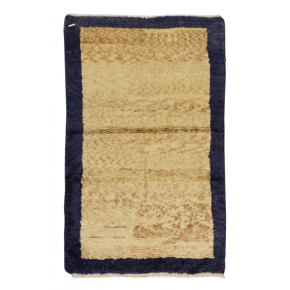 Minimalist Handmade Bordered "Tulu" Rug in Navy Blue & Camel. 100% Wool