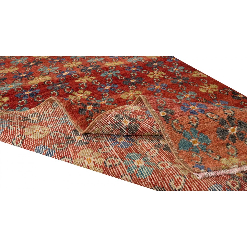 One-of-a-Pair Handmade Vintage Turkish Wool Runner Rug with Floral Design for Hallway Decor