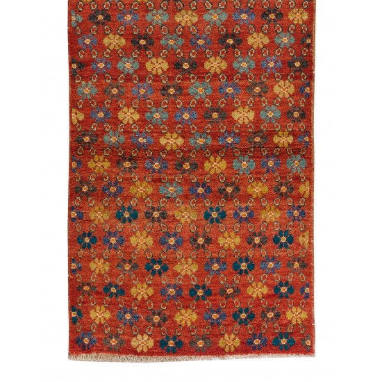 One-of-a-Pair Handmade Vintage Turkish Wool Runner Rug with Floral Design for Hallway Decor
