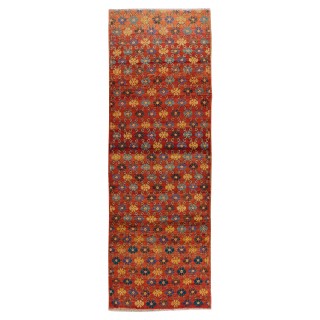 One-of-a-Pair Handmade Vintage Turkish Wool Runner Rug with Floral Design for Hallway Decor