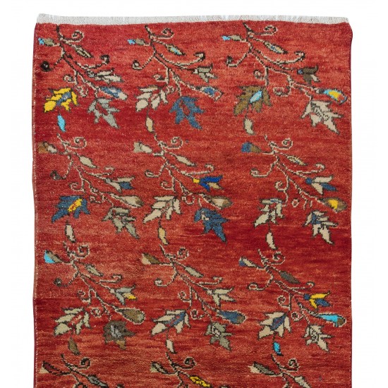 Vintage Handmade Turkish Runner Rug with Colorful Flowers for Hallway Decor