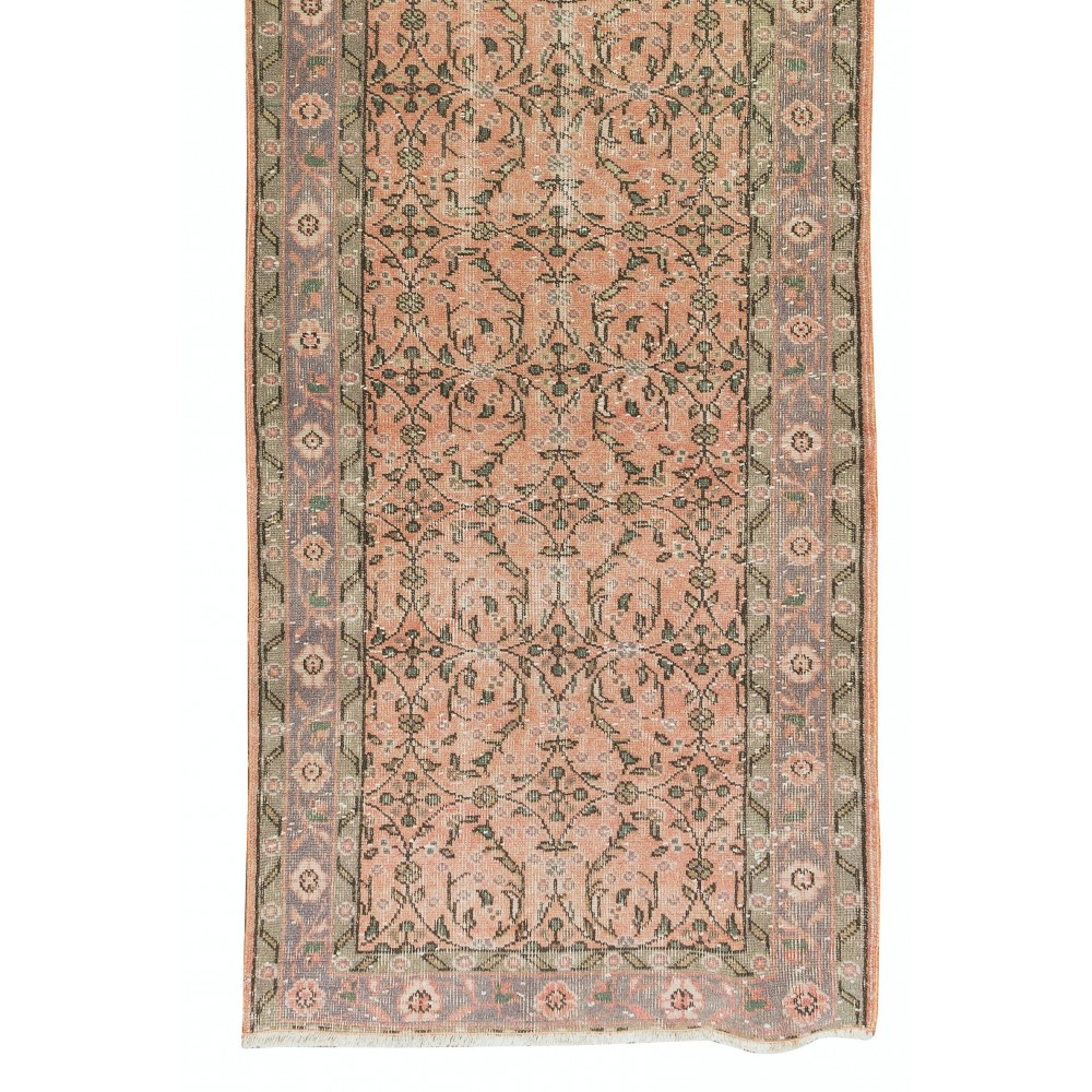 Vintage Handmade Turkish Runner Rug with Floral Design for Hallway Decor