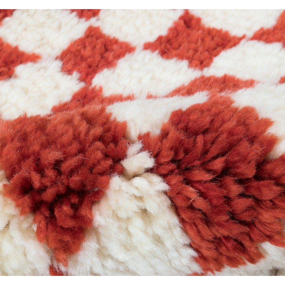 Custom Handmade Checkered Design Tulu Rug in Red, Ivory. All Soft, Cozy Wool
