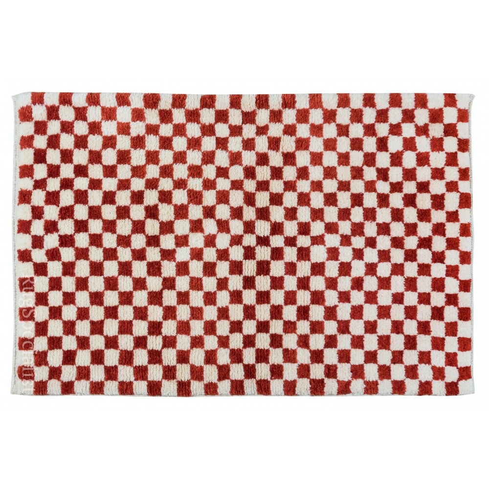 Custom Handmade Checkered Design Tulu Rug in Red, Ivory. All Soft, Cozy Wool
