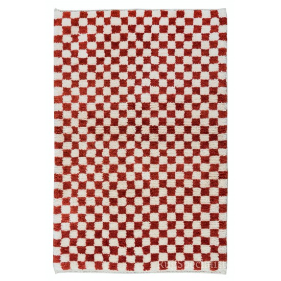Custom Handmade Checkered Design Tulu Rug in Red, Ivory. All Soft, Cozy Wool