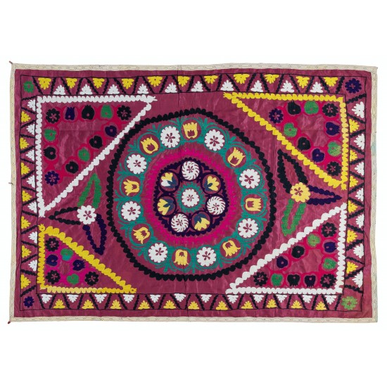 Authentic Hand Embroidered Cotton Bedspread, Vintage Suzani Tapestry, Uzbek Wall Hanging
