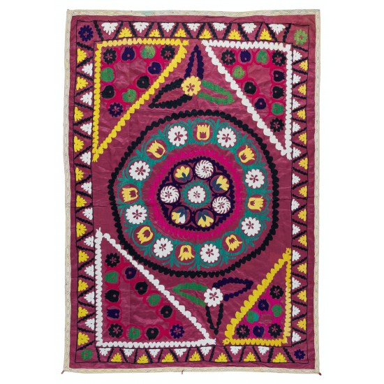 Authentic Hand Embroidered Cotton Bedspread, Vintage Suzani Tapestry, Uzbek Wall Hanging