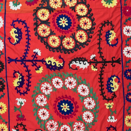 Authentic Hand Embroidered Cotton Bedspread, Vintage Suzani Tapestry in Red, Uzbek Wall Hanging
