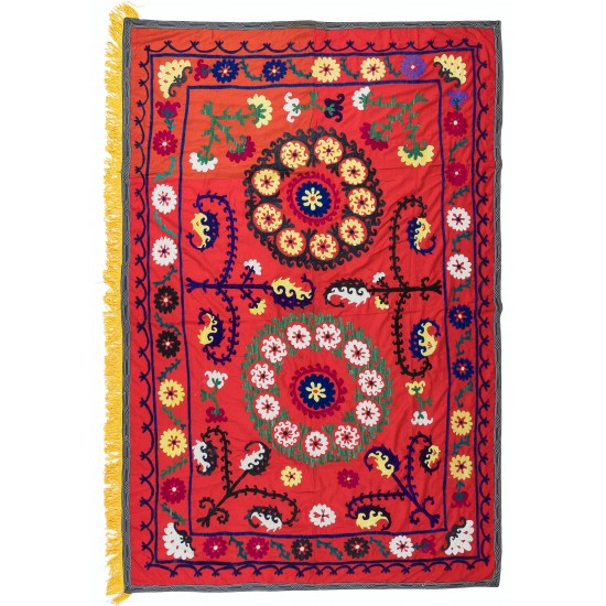 Authentic Hand Embroidered Cotton Bedspread, Vintage Suzani Tapestry in Red, Uzbek Wall Hanging Authentic Hand Embroidered Cotton Bedspread, Vintage Suzani Tapestry in Red, Uzbek Wall Hanging