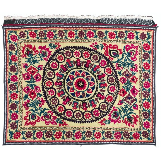 Authentic Hand Embroidered Cotton Bedspread, Vintage Suzani Tapestry, Uzbek Wall Hanging