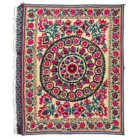 Authentic Hand Embroidered Cotton Bedspread, Vintage Suzani Tapestry, Uzbek Wall Hanging